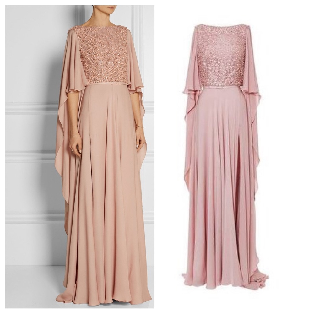 Elie Saab Blush Embroidered Cape Sleeve Gown